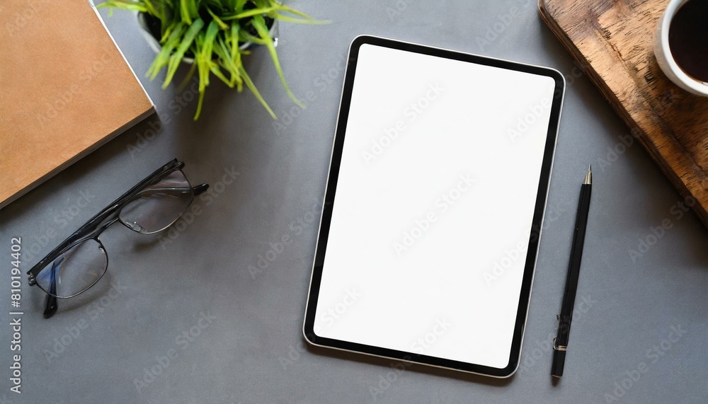 Fototapete tablet on table with decoration - tablet mockup for application presentation, web design or user int