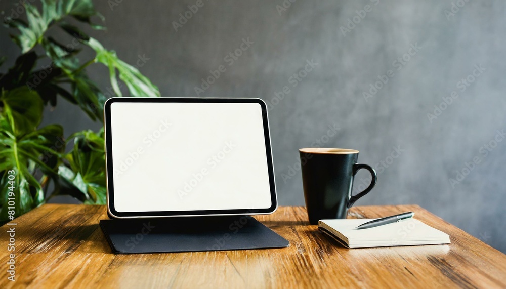 Poster tablet on table with decoration - tablet mockup for application presentation, web design or user int