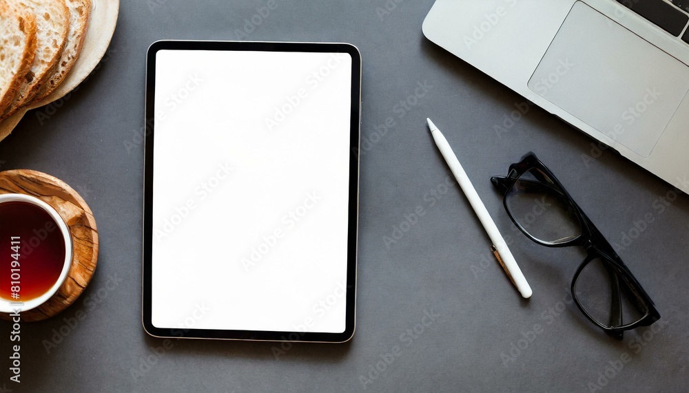 Poster tablet on table with decoration - tablet mockup for application presentation, web design or user int