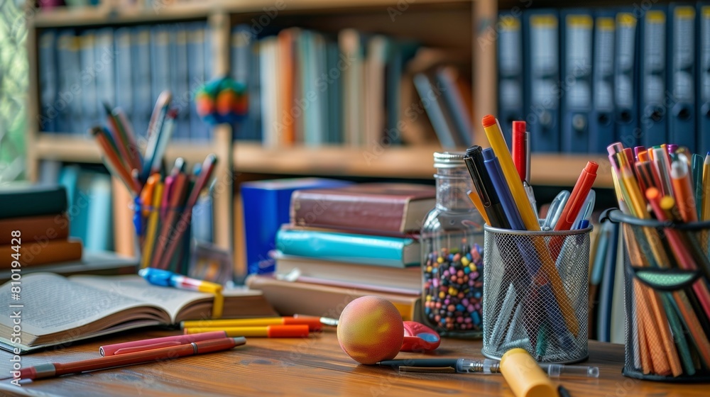Poster a wooden table adorned with an array of books and vibrant pencils, inviting exploration, creativity,