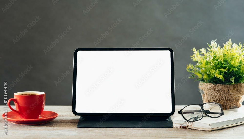Poster tablet on table with decoration - tablet mockup for application presentation, web design or user int