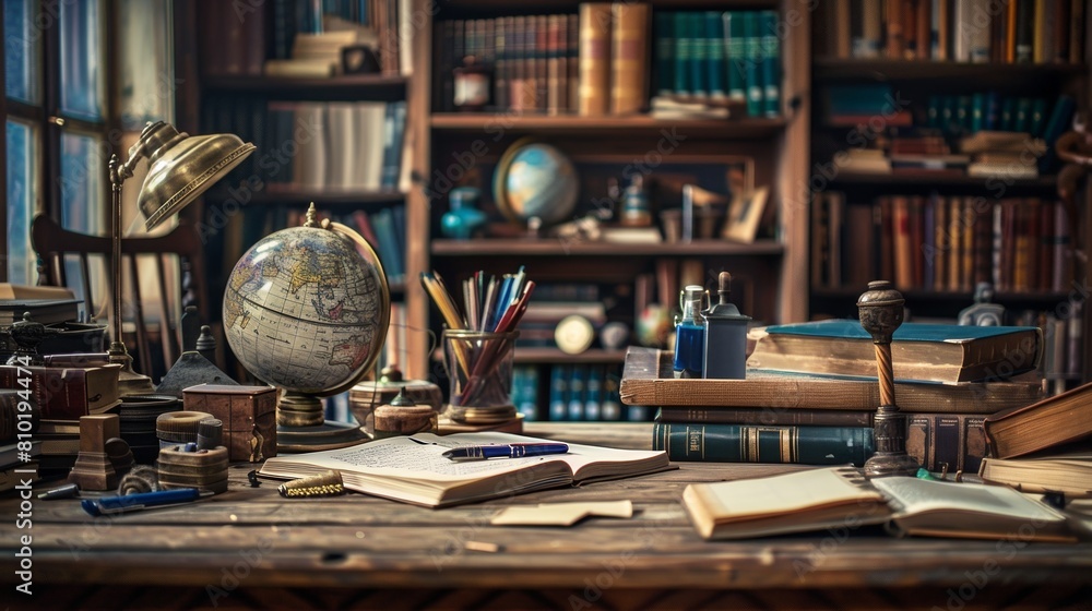 Poster a desk adorned with books and a globe, showcasing a blend of literature and geography in a harmoniou
