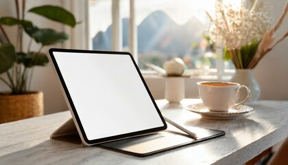 Tablet on Table with Decoration - Tablet Mockup for Application Presentation, Web Design or User Interface Design - Template for Representation and Presentation of Design