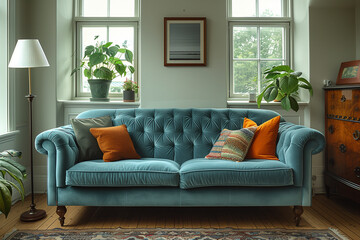 Minimalist living room in Stockholm home, designed with minimalist principles, vibrant blue palette, evening light, and velvet textures