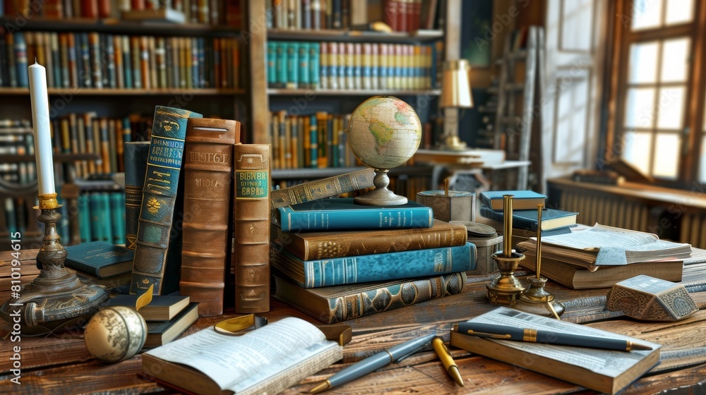 Poster A diverse collection of colorful and well-worn books sit atop a table next to a globe, representing the journey of knowledge and exploration. Generative AI