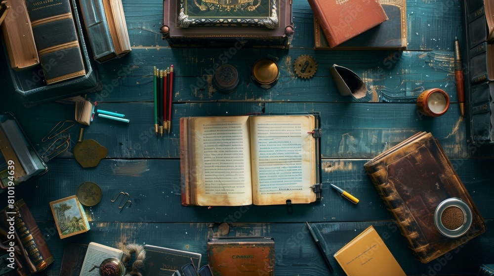 Poster a table adorned with a colorful array of books and various writing implements, creating an inviting 