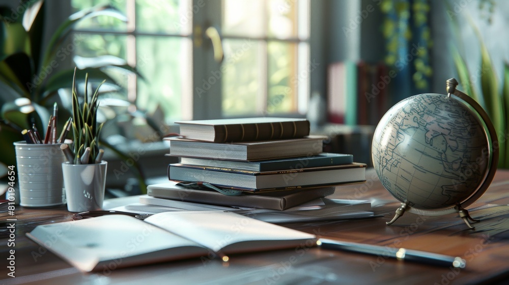 Poster a table is filled with a variety of books and a globe, symbolizing knowledge and exploration. genera