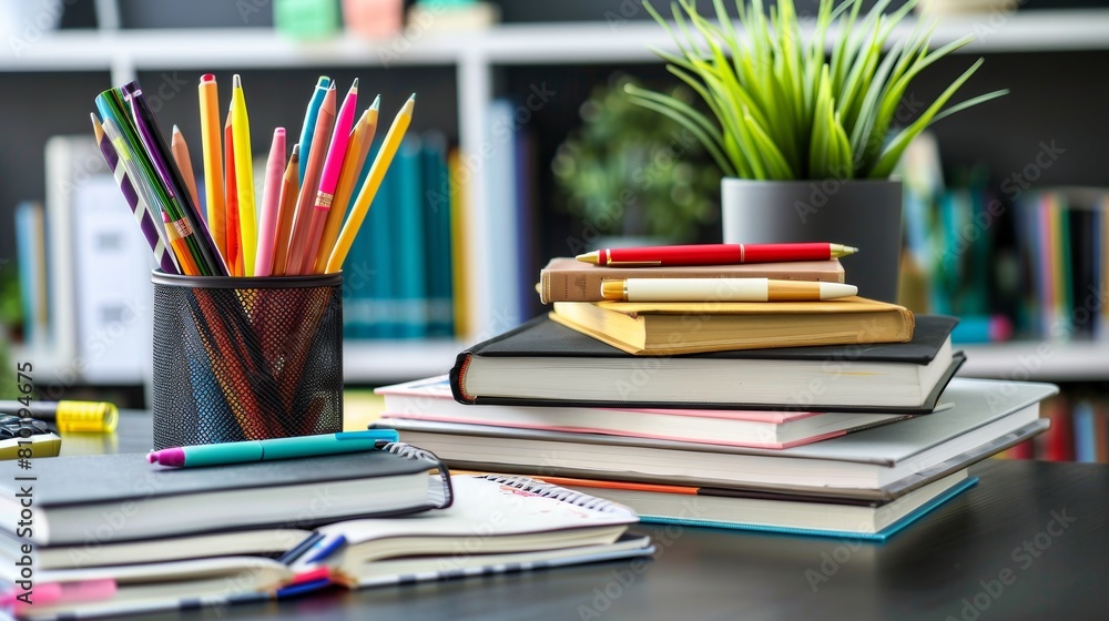 Poster a stack of colorful books sits next to rows of sharpened pencils on a wooden desk. generative ai