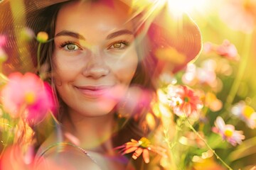 A close-up portrait of a woman, her face glowing with happiness, surrounded by the vibrant colors of a summer garden, radiating warmth and vitality