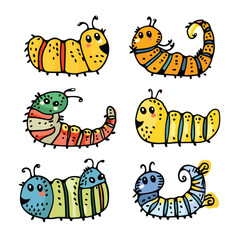 Fototapeta premium Four cute cartoon caterpillars, various colors, patterns playful childrens illustration. Handdrawn insects, cheerful, smiling faces, colorful segmented bodies. Kids book characters, caterpillar