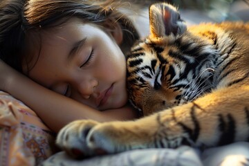 A close-up portrait of a sleeping child nestled with a wild tiger cub, bathed in the soft glow of dawn, exuding a sense of awe and tranquility