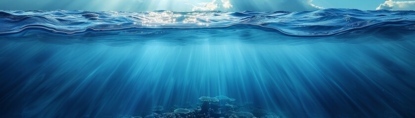 Underwater scene with bright sun rays shining through the water surface.