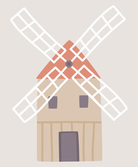 Wooden farming mill in flat design. Countryside windmill farm exterior. Vector illustration isolated.