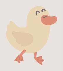 Happy yellow little duckling in flat design. Poultry farm with cute baby duck. Vector illustration isolated.