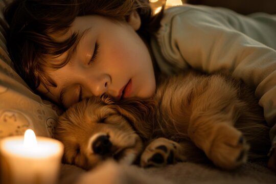 A close-up portrait of a peacefully sleeping child cradled in the arms of a snoozing puppy, with soft candlelight creating a warm and cozy atmosphere, emanating love and tranquility