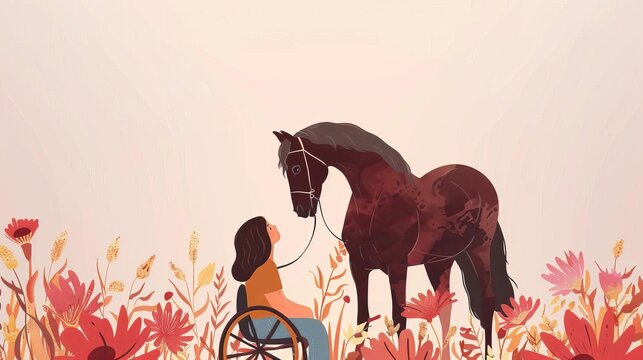 girl with cerebral palsy bonding with horse during hippotherapy session heartwarming 8k generative ai illustration