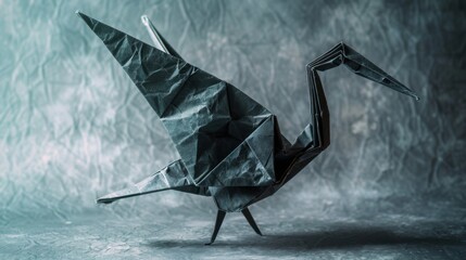 Naklejka premium Origami black bird. Animal made of paper on a grey background. Paper folding art.
