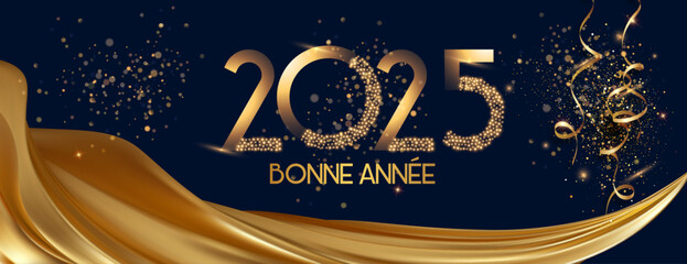 carte ou bandeau pour souhaiter une bonne année 2025 en  or avec un drapé de tissu couleur or sur fond noir avec des paillettes et des serpentins or