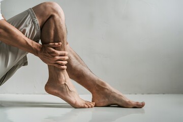 Close-up of legs in shorts, hand holding calf, hinting discomfort or injury.