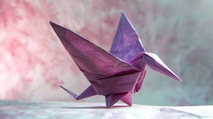 Origami purple bird. Animal made of paper on a grey background. Paper folding art.