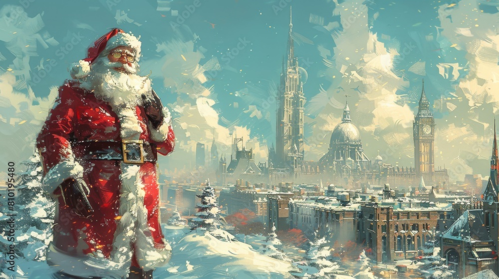 Wall mural santa claus with major world landmarks and landscape