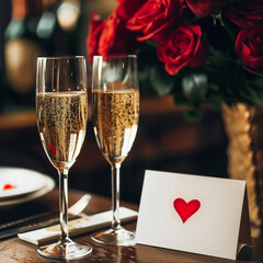 Romantic dinner table for 2, champagne glasses, bouquet of red roses, white card with red heart