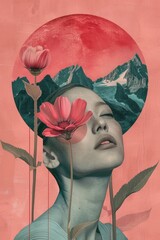 vertical illustration of the woman's face with mountains in the background, flower. minimalist collage