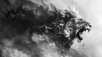 intense double exposure of a fierce lion with raging fire and billowing smoke black and white concept illustration - obrazy, fototapety, plakaty