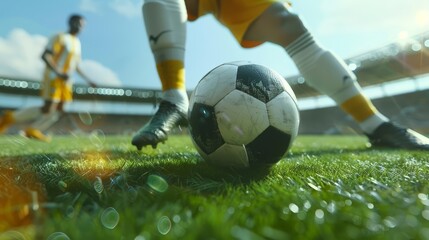 Fototapeta premium A closeup stock photo captures the intense focus of a soccer player about to kick the ball, ideal for sports apparel advertising