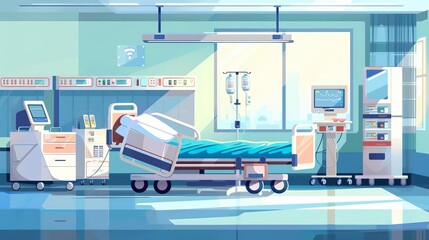 intensive care unit room with life support monitoring patient health at hospital emergency ward urgent medical care service illustration