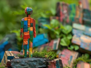 A colorful wooden figure stands proudly in a miniature replica of a bustling city park, symbolizing the diversity and vibrancy of urban life