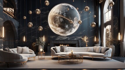 Design a celestial sanctuary living room with cosmic motifs and a sense of peace