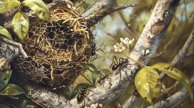 intricate arboreal nest of the polyrhachis queenslandica ant detailed nature illustration