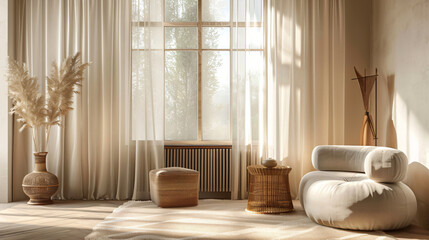 Fototapeta na wymiar Light curtains with stylish furniture in interior