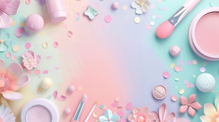 A colorful background with a variety of makeup items, including a brush