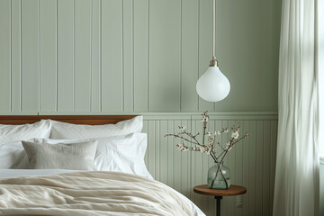 Minimalist bedroom with pale green wainscoting, white linen bedding and vintage pendant light over bedside table. A bedroom is decorated in the style of a minimalist aesthetic with pale green paneling