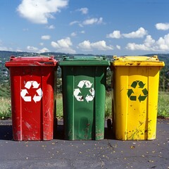 Three colorful recycle bins sit side by side on a paved road with a scenic view of a valley in the background.