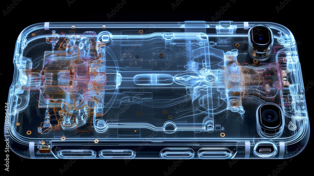 Poster x-ray scan of a smartphone, revealing the circuitry and components that power modern technology.
