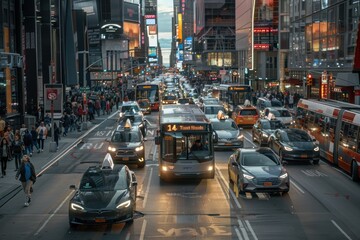 A busy city street with a bus and many cars