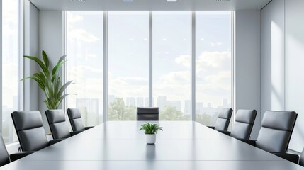 Office meeting room interior with table and panoramic window. Mock up frame realistic