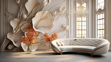Design a contemporary Art Nouveau living room with organic shapes and floral motifs