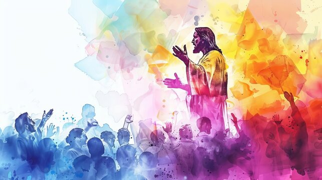jesus preaching to diverse crowd abstract colorful background digital watercolor