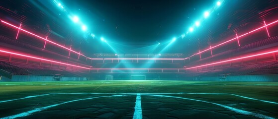 A futuristic soccer stadium, empty and bathed in ambient neon lighting, designed for a unique AIgenerated image with copy space