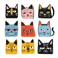 Fototapeta premium Collection colorful stylized cat faces, unique expression style. Bold primary colors, handdrawn artistic look cute playful feline characters. Cartoon cats, facial features illustrated, abstract pet