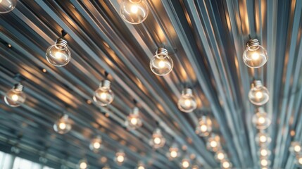 An artistic ceiling installation crafted from metal strips and fitted with numerous light bulbs, creating a striking visual effect