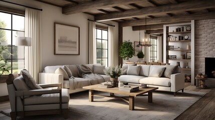 Fototapeta premium Design a contemporary farmhouse living room with distressed wood beams and cozy textiles