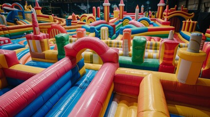 A vibrant and large inflatable castle labyrinth, perfect for children's outdoor play and exploration