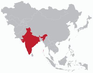 Highlighted red map of INDIA inside grey detailed blank political map of Asia on light blue background, without the Middle East and Russia