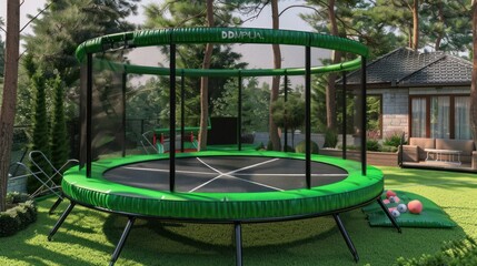 A large outdoor trampoline designed for both children and adults, equipped with a safety net and zipper entrance for secure and fun activity