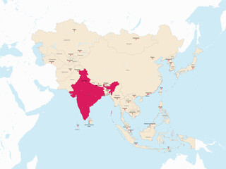 Highlighted red map of INDIA inside light red detailed political map of Asia using orthographic projection on white and blue background